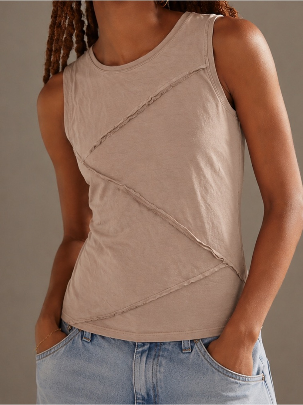 Anthropologie Sleeveless Raw-Edge Diagonal Seam Tank Top - Taupe